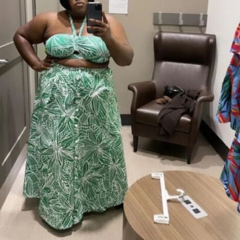 Tabitha Brown 2X Womens Green Floral Button Front Skirt Plus Size Maxi Skirt
